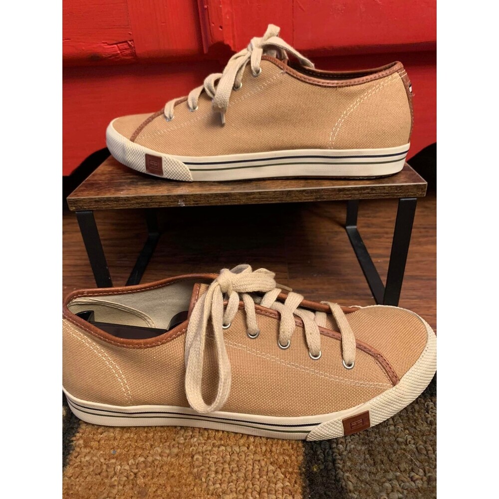 Tommy Hilfiger 9.5 Wheat Brown Canvas Leather Trimmed Tennis Shoes EXCELLENT